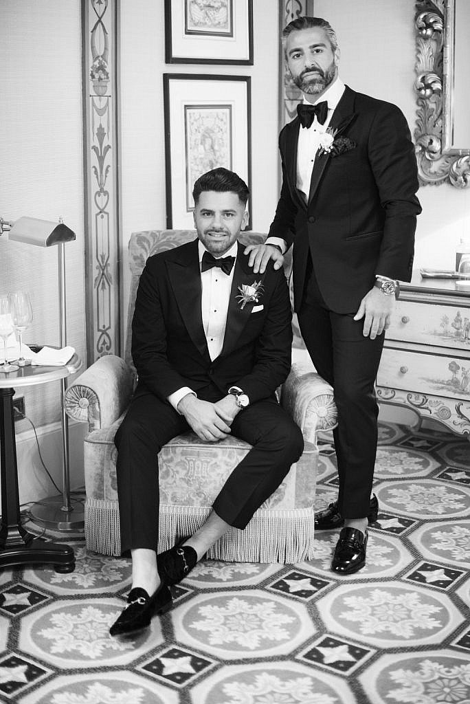 traditional wedding portrait of a groom and his best man at westin excelsior florence