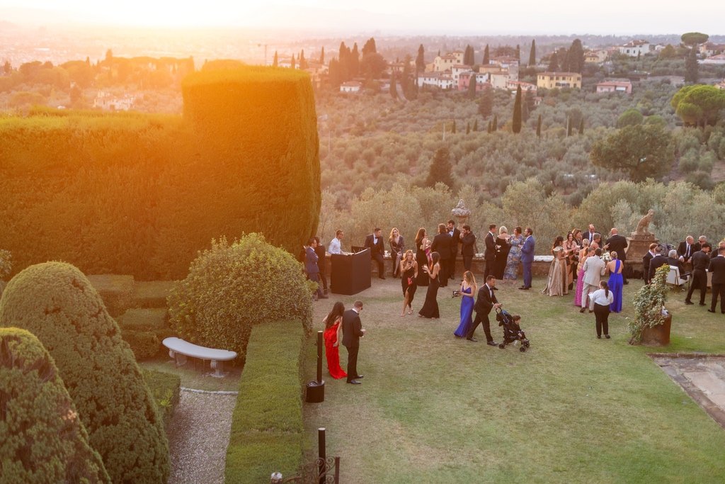golden hour luxury aperitivo during a real wedding in villa gamberia in florence